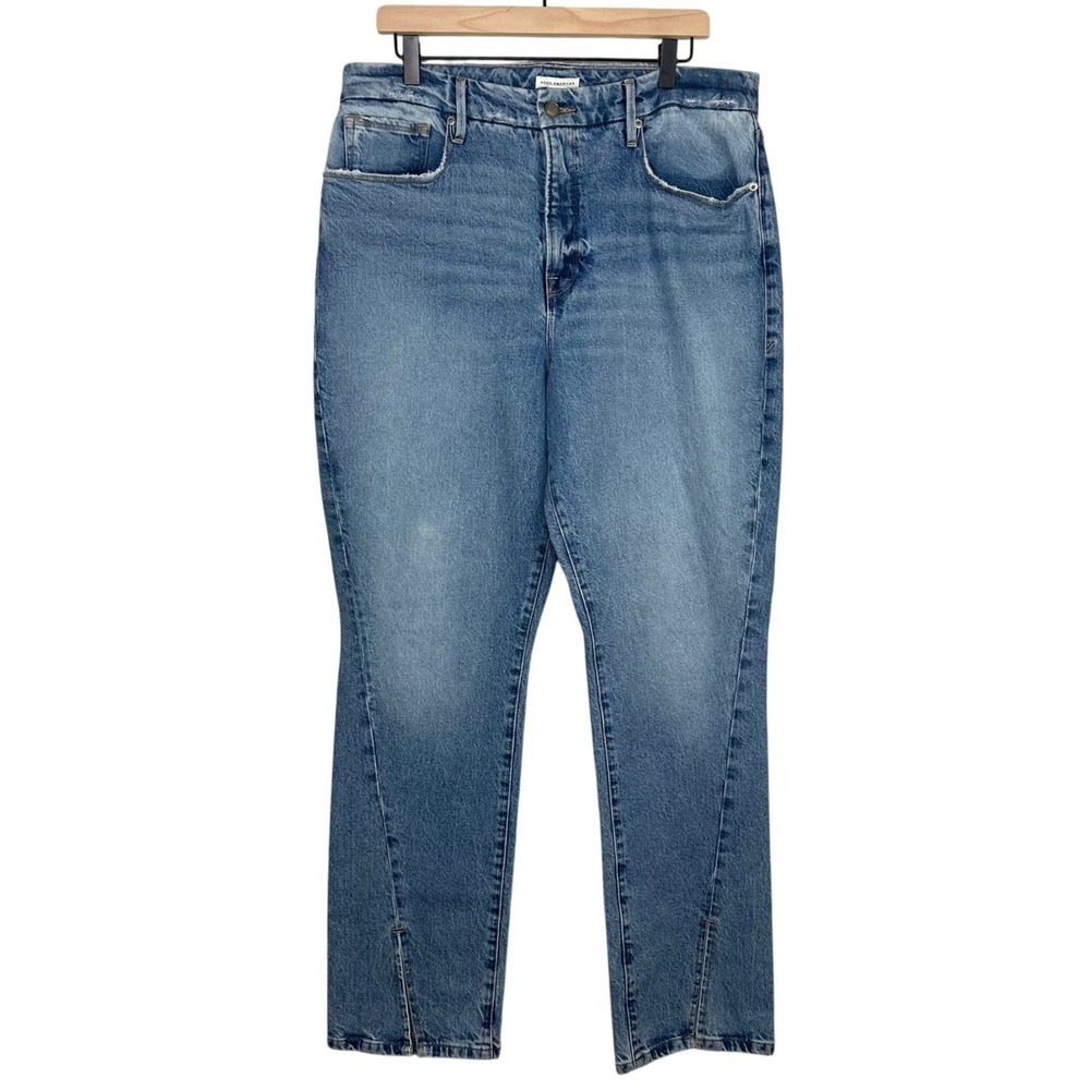 Good American High rs Good Boy Straight Split Hem Jeans Medium Wash Blue Size 15
